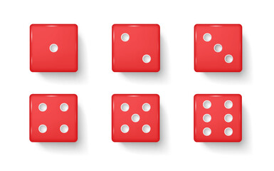 Canvas Print - Red gambling dices realistic vector illustration set. Plastic cubes with dot numbers for playing 3d elements on white background. Casino items