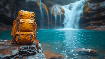 Poster - An anonymous tourist enjoys a picturesque waterfall while standing on a rocky cliff in Huesca City, Spain during vacation