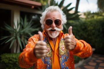 Wall Mural - Portrait of senior man with white beard and mustache in orange jacket and sunglasses showing thumbs up.