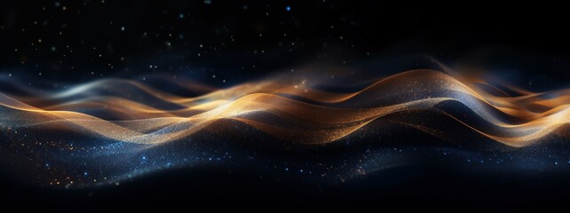 Aufkleber - Digital art of shimmering golden waves flowing over a deep, starry, dark blue backdrop, evoking a sense of luxury and movement.