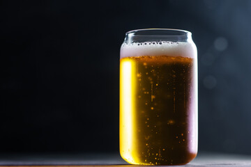 Light beer glass on a dark background. Stylish glass can