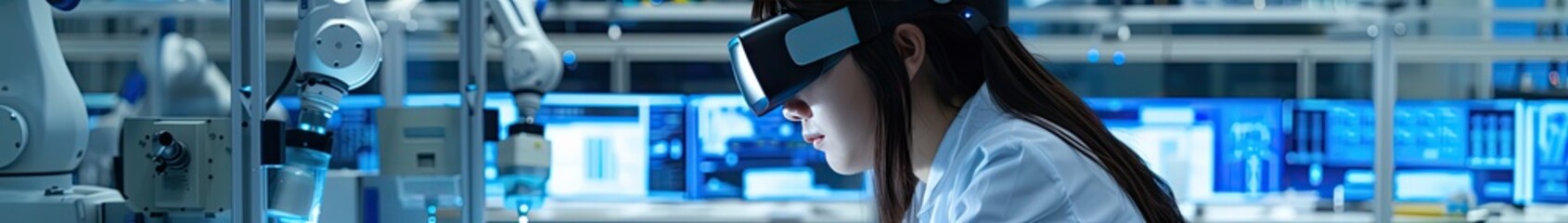 A young engineer in the lab wearing virtual reality glasses. Young woman working in the lab wearing virtual reality goggles