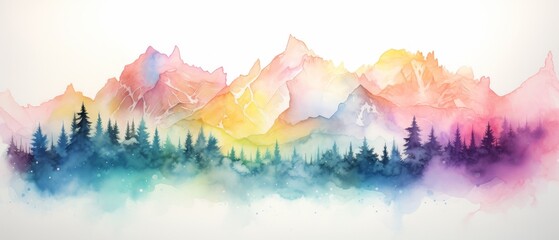Poster - Colorful rainbow colors watercolor color abstract brush painting art of beautiful mountains, mountain peak minimalism landscape panorama banner illustration, isolated on white background