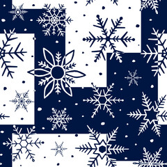 Wall Mural - Snowflake seamless pattern. Snowflakes background. Repeated blue texture. Snow hand draw. Repeating winter drawing. Design snowflakes patern for prints. Cute graphic backdrop. Vector illustration