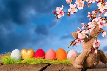 Sticker - Easter concept. Colorful Easter eggs with natural background