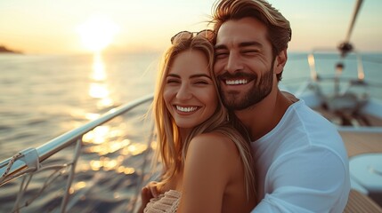 happy young couple resting on yacht