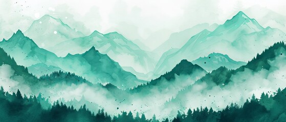 Poster - Green colors watercolor color abstract brush painting art of beautiful mountains, mountain peak with firs, forest trees, minimalism landscape panorama banner illustration, isolated on white background