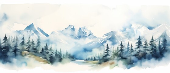 Poster - Blue colors watercolor color abstract brush painting art of beautiful mountains, mountain peak with firs, forest trees, minimalism landscape panorama banner illustration, isolated on white background
