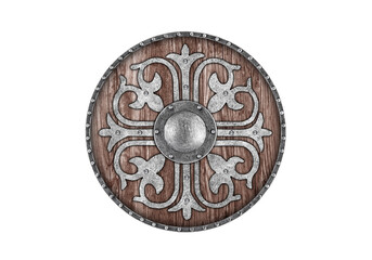 Wall Mural - Old decorated wooden round shield isolated on white background