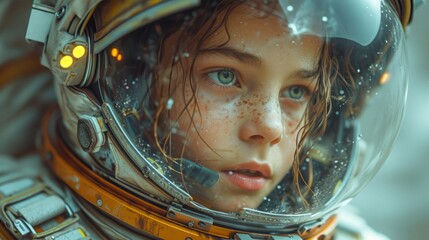 a young child, wearing a realistic astronaut spacesuit, gazes with wide-eyed wonder through the refl