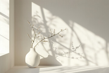 Poster - white vase with flowers in a minimalist empty interior. Soft shadows on a wall building a geometrical pattern. Mockup. Background image. Created with Generative AI technology