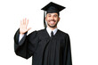 © luismolinero - Young university graduate man over isolated chroma key background saluting with hand with happy expression