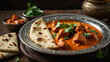 A steaming plate of butter chicken, adorned with fresh cilantro leaves, served alongside warm, fluffy naan bread with the vibrant colors and enticing aroma of this classic Indian dish