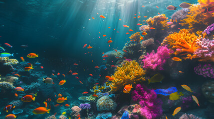 Wall Mural - Colorful coral reef with fishes and corals photo background