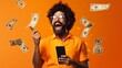 © Matcha_09 - Online investment, winner overjoyed rich woman and money earning. Portrait of amazed young woman showing mobile empty display and celebrating her victory. indoor isolated on orange background.
