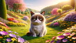 grumpy cat situated in a spring paradise landscape.
