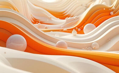 Poster - Vibrant Ripples: Pearlescent Orbs Cascading on Dynamic Orange Terrain - A Bohemian Rhapsody in Abstract Art