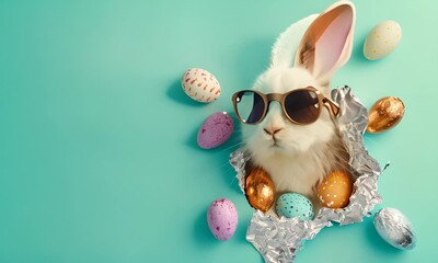 Wall Mural - Cute Easter Bunny with sunglasses looking out of a background surrounded by chocolate easter eggs