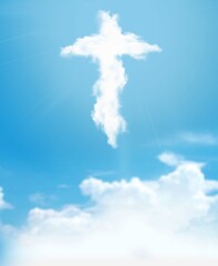 Canvas Print - Christian light cross in the blue sky with clouds