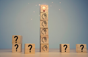 Poster - glowing lightbulb on the top of human thinking icon for creative idea to solving problem and get sol