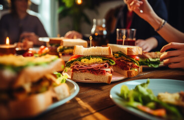 Sticker - People enjoying a delicious meal, club sandwiches with ham and cheese while dining out