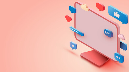 Isometric computer with chat bubbles.