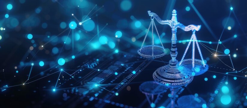 Illustration digital Scales Justice Scales on futuristic network blue neon background. Generated AI