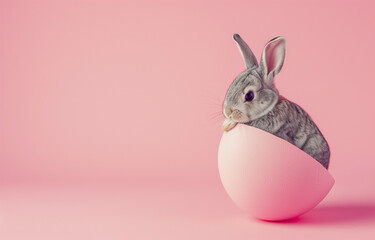 Wall Mural - A cute bunny is peeking out of a cracked Easter  eggshell on a pastel pink background. Festive creative idea. Copy space.