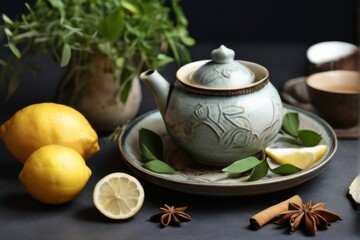 Wall Mural - Teapot filled with aromatic ginger tea and lemon slices