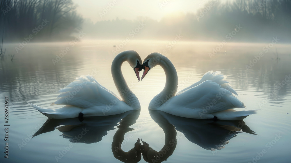 two beautiful swans on a lake shape heart with their long necks and ...