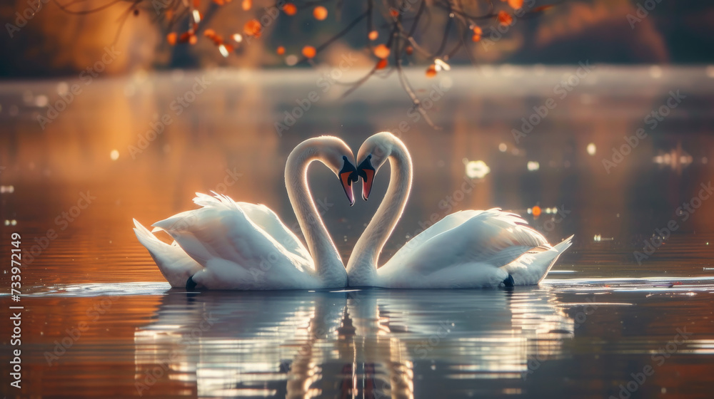 two beautiful swans on a lake shape heart with their long necks and ...