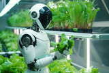Fototapeta  - Robot holding a salad in a hall with vertical farming