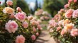 Rose bush in full bloom, its vibrant flowers and lush greenery contrasting beautifully with the softly blurred background