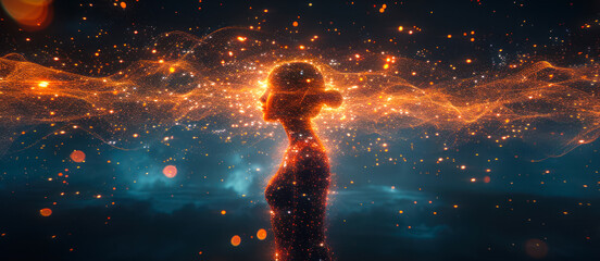 Poster - digital human concept with a female silhouette emerging from a burst of glowing particles, symbolizi