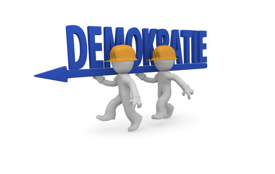 Small character worker with an blue arrow and the German word democracy on a white background