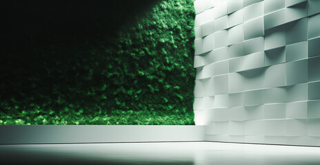 Modern green 3D art background. green tree wall good environment pure wall display green environmental design.