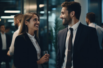 Wall Mural - business professionals engaging in a conversation with cheerful smiles on their faces