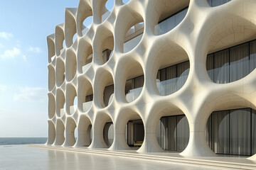 Poster - Parametric facade of a modern building inspired by new gothic architecture. Background image. Created with Generative AI technology