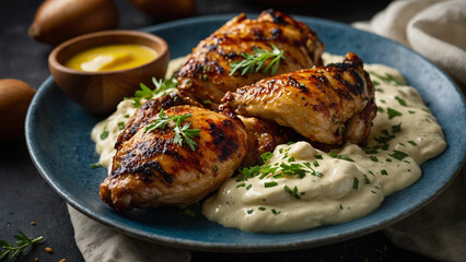 Chicken pieces in a rich blend of yogurt, spices, and creamy butter sauce before being grilled to perfection and highlight the textures and colors of the ingredients as they come together in harmony