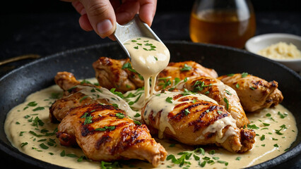 Chicken pieces in a rich blend of yogurt, spices, and creamy butter sauce before being grilled to perfection and highlight the textures and colors of the ingredients as they come together in harmony