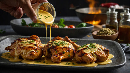 Chicken pieces in a rich blend of yogurt, spices, and creamy butter sauce before being grilled to perfection and highlight the textures and colors of the ingredients as they come together in harmony