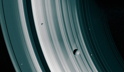 Wall Mural - saturn rings and moons, exoplanet with rings, space and universe. sci-fi. 3d rendering