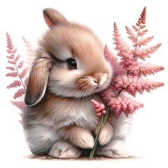 Aufkleber - Whimsical bunny with flowers illustration created with Generative AI technology
