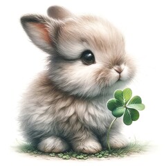 Aufkleber - Whimsical bunny with clover illustration created with Generative AI technology