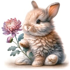 Aufkleber - Whimsical bunny with flowers illustration created with Generative AI technology