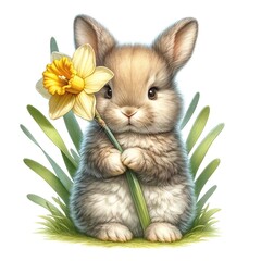 Aufkleber - Whimsical bunny with flowers illustration created with Generative AI technology