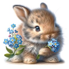 Aufkleber - Whimsical bunny with flowers illustration created with Generative AI technology