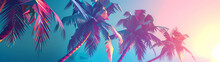Bright Neon Landscape With Sea And Palm Trees Background. Synthwave Wallpaper Style