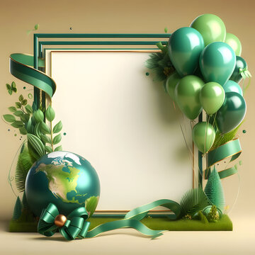 Empty border card with Earth Day Green and Nature colors balloons and ribbon. luxury 3d realistic style. for environment mount