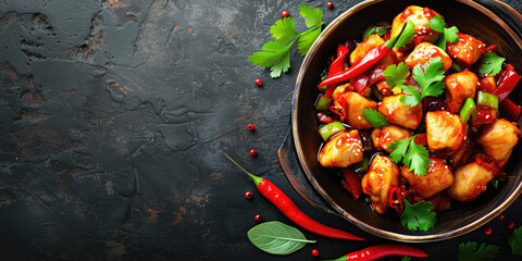 Wall Mural - Spicy Kung Pao Chicken with Peppers and Sesame. Succulent Kung Pao Chicken garnished with green onions, red chili peppers, and sesame seeds, served in a bowl.